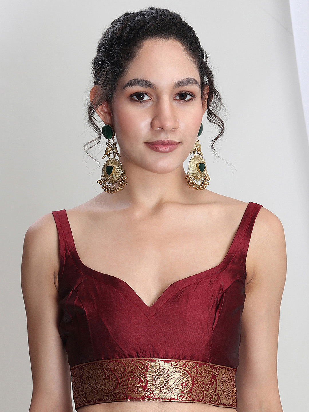 Janasya Maroon Silk Blend Ethnic Motifs Jacquard Saree