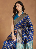 Thumbnail for Janasya Blue Silk Blend Ethnic Motifs Banarasi Jacquard Saree