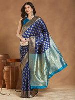 Thumbnail for Janasya Blue Silk Blend Ethnic Motifs Banarasi Jacquard Saree