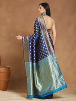 Thumbnail for Janasya Blue Silk Blend Ethnic Motifs Banarasi Jacquard Saree