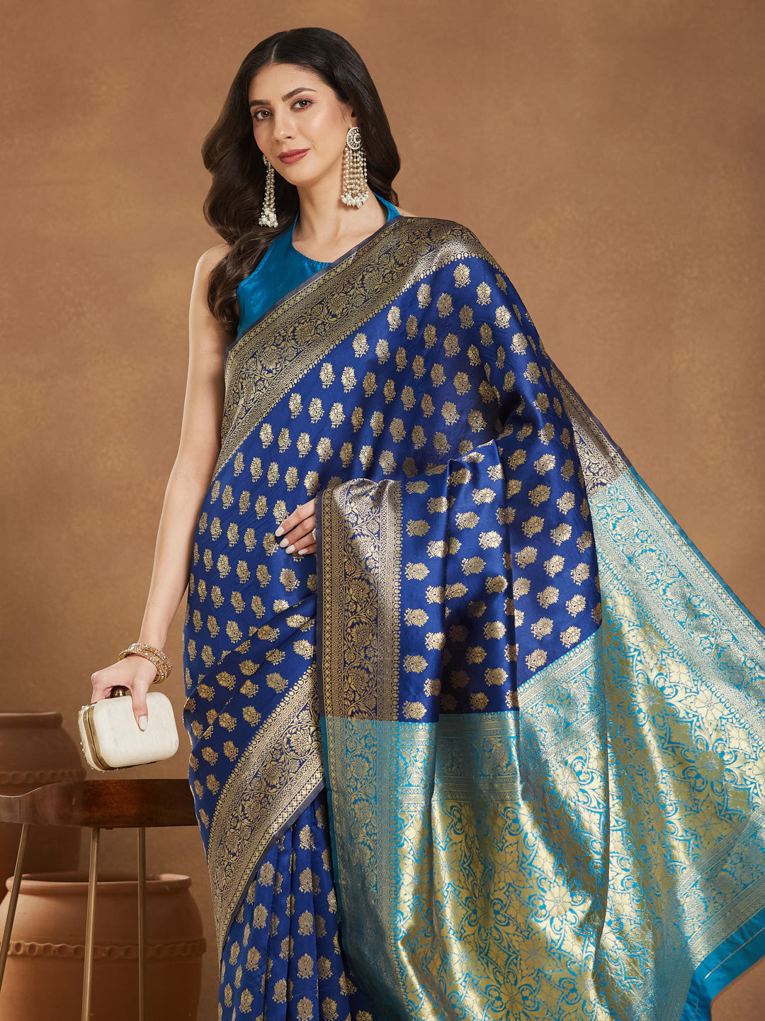 Janasya Blue Silk Blend Ethnic Motifs Banarasi Jacquard Saree