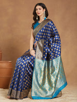 Thumbnail for Janasya Blue Silk Blend Ethnic Motifs Banarasi Jacquard Saree