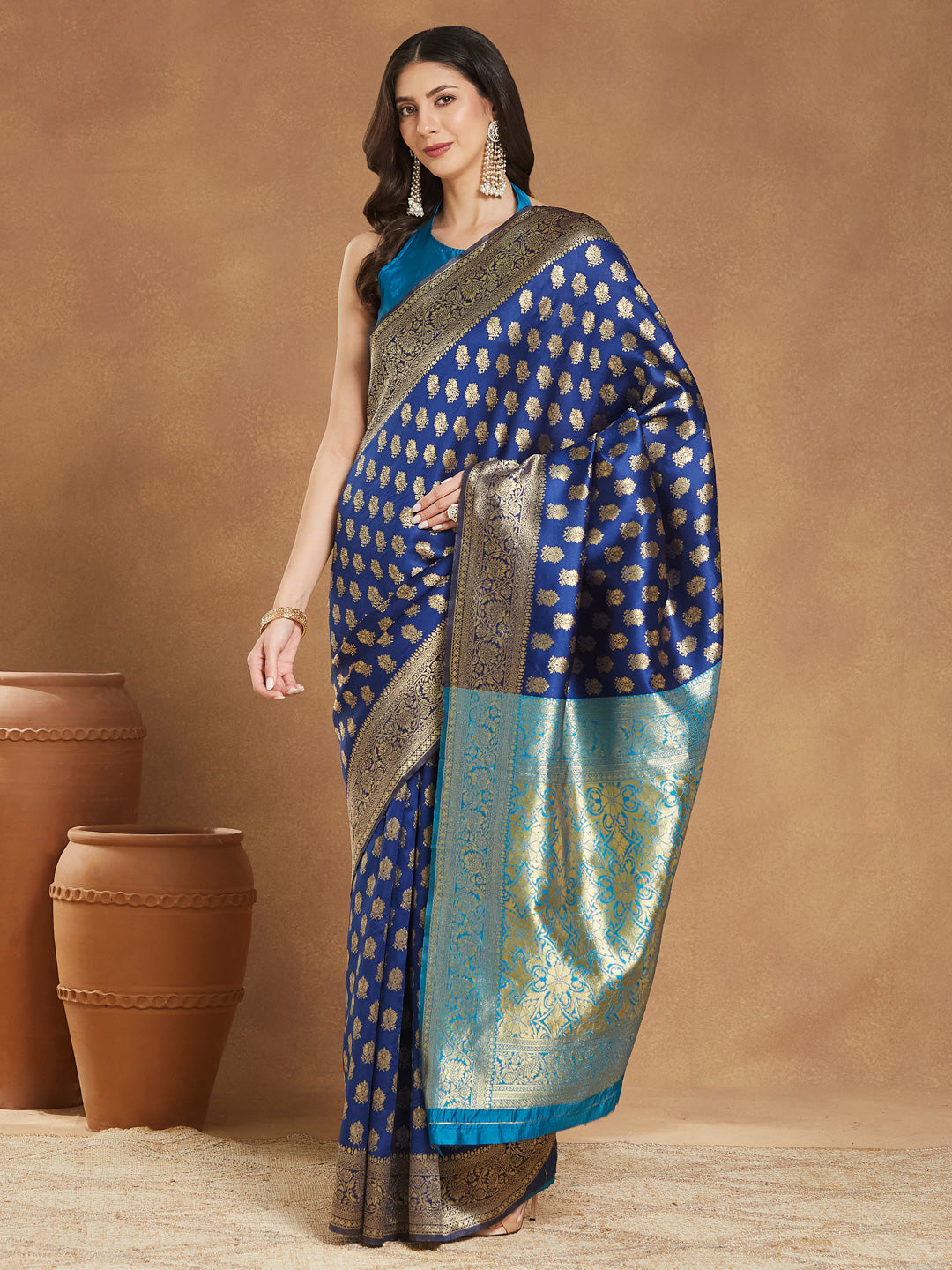 Janasya Blue Silk Blend Ethnic Motifs Banarasi Jacquard Saree