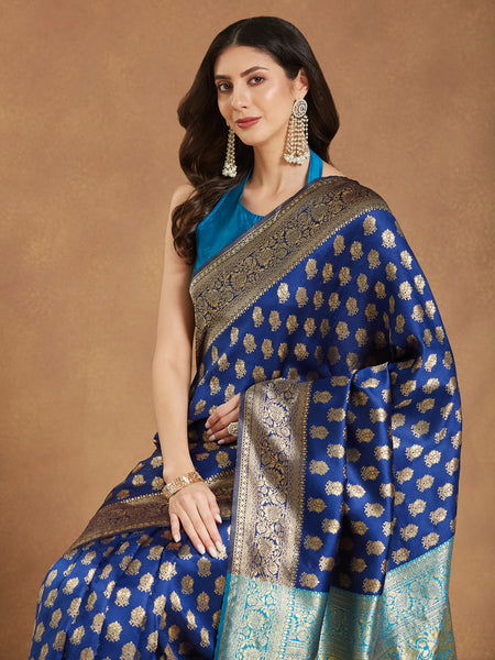 Janasya Blue Silk Blend Ethnic Motifs Banarasi Jacquard Saree