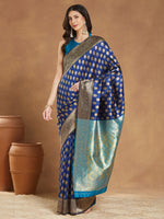 Thumbnail for Janasya Blue Silk Blend Ethnic Motifs Banarasi Jacquard Saree