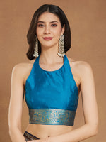 Thumbnail for Janasya Blue Silk Blend Ethnic Motifs Banarasi Jacquard Saree