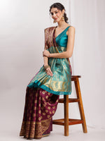 Thumbnail for Janasya Purple Silk Blend Floral Jacquard Saree