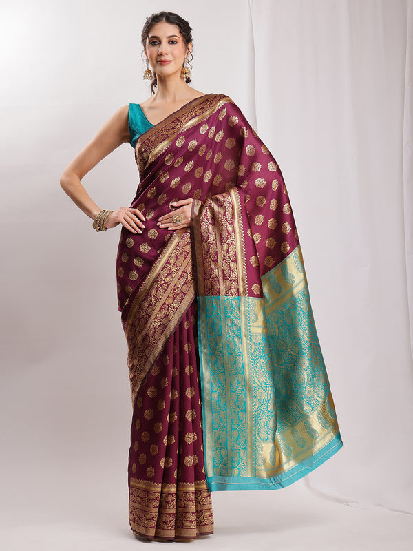 Janasya Purple Silk Blend Floral Jacquard Saree