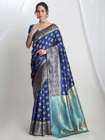 Thumbnail for Janasya Blue Silk Blend Floral Jacquard Saree