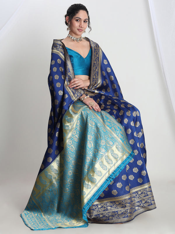 Janasya Blue Silk Blend Floral Jacquard Saree