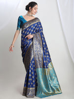 Thumbnail for Janasya Blue Silk Blend Floral Jacquard Saree