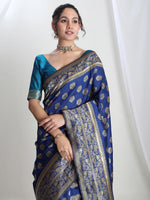 Thumbnail for Janasya Blue Silk Blend Floral Jacquard Saree
