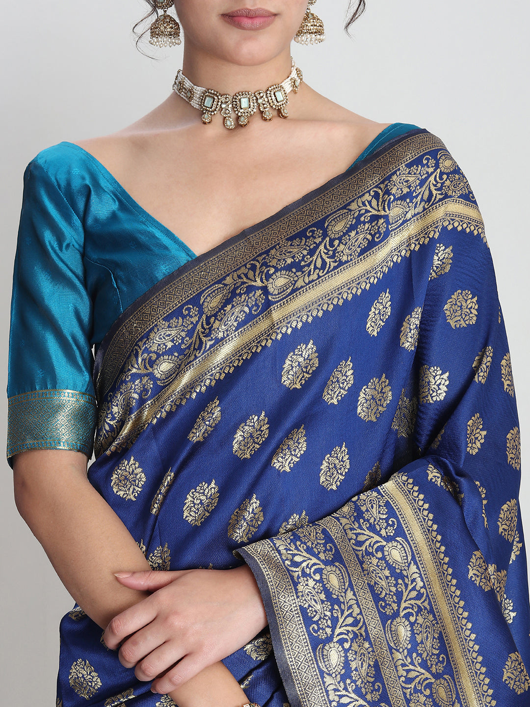 Janasya Blue Silk Blend Floral Jacquard Saree