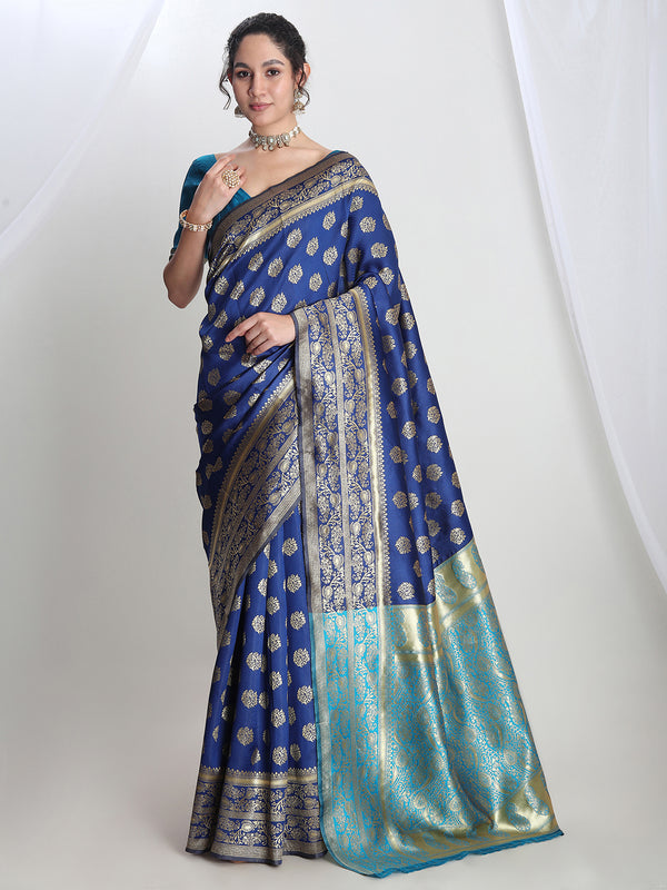 Janasya Blue Silk Blend Floral Jacquard Saree