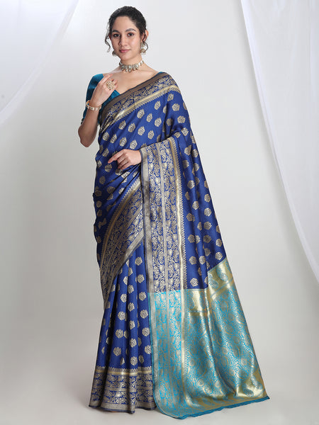 Janasya Blue Silk Blend Floral Jacquard Saree