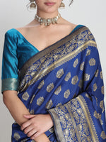 Thumbnail for Janasya Blue Silk Blend Floral Jacquard Saree