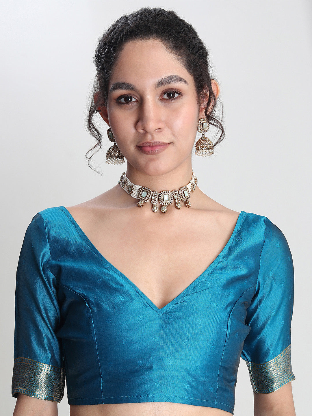 Janasya Blue Silk Blend Floral Jacquard Saree