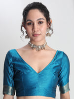 Thumbnail for Janasya Blue Silk Blend Floral Jacquard Saree