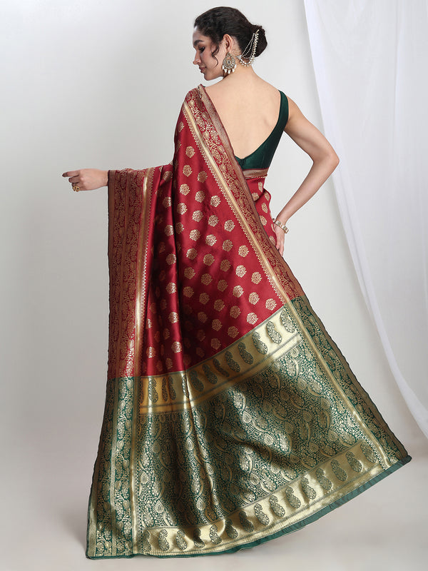 Janasya Maroon Silk Blend Floral Jacquard Saree