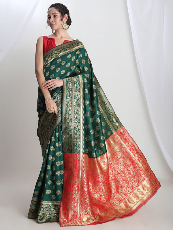 Janasya Green Silk Blend Floral Jacquard Saree