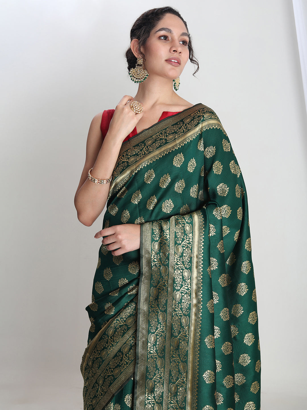 Janasya Green Silk Blend Floral Jacquard Saree