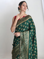 Thumbnail for Janasya Green Silk Blend Floral Jacquard Saree