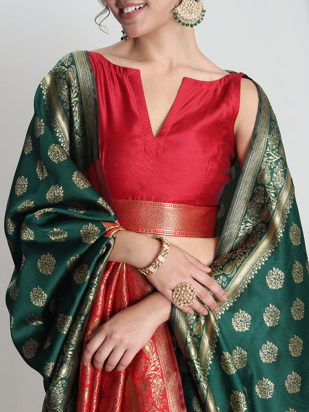 Janasya Green Silk Blend Floral Jacquard Saree