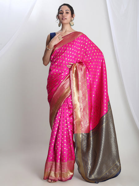 Janasya Pink Silk Blend Ethnic Motifs Jacquard Saree