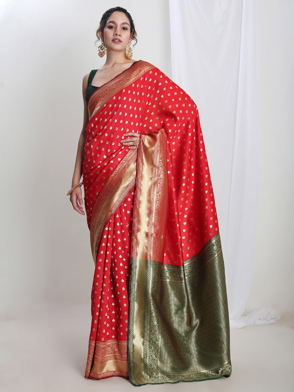 Janasya Red Silk Blend Ethnic Motifs Jacquard Saree