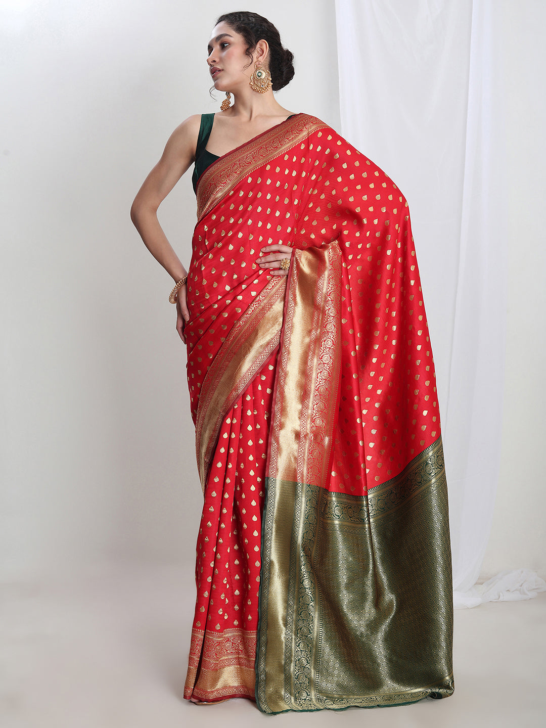 Janasya Red Silk Blend Ethnic Motifs Jacquard Saree