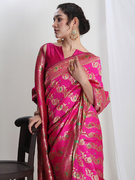 Janasya Pink Silk Blend Floral Jacquard Saree