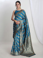 Thumbnail for Janasya Teal Blue Silk Blend Floral Jacquard Saree