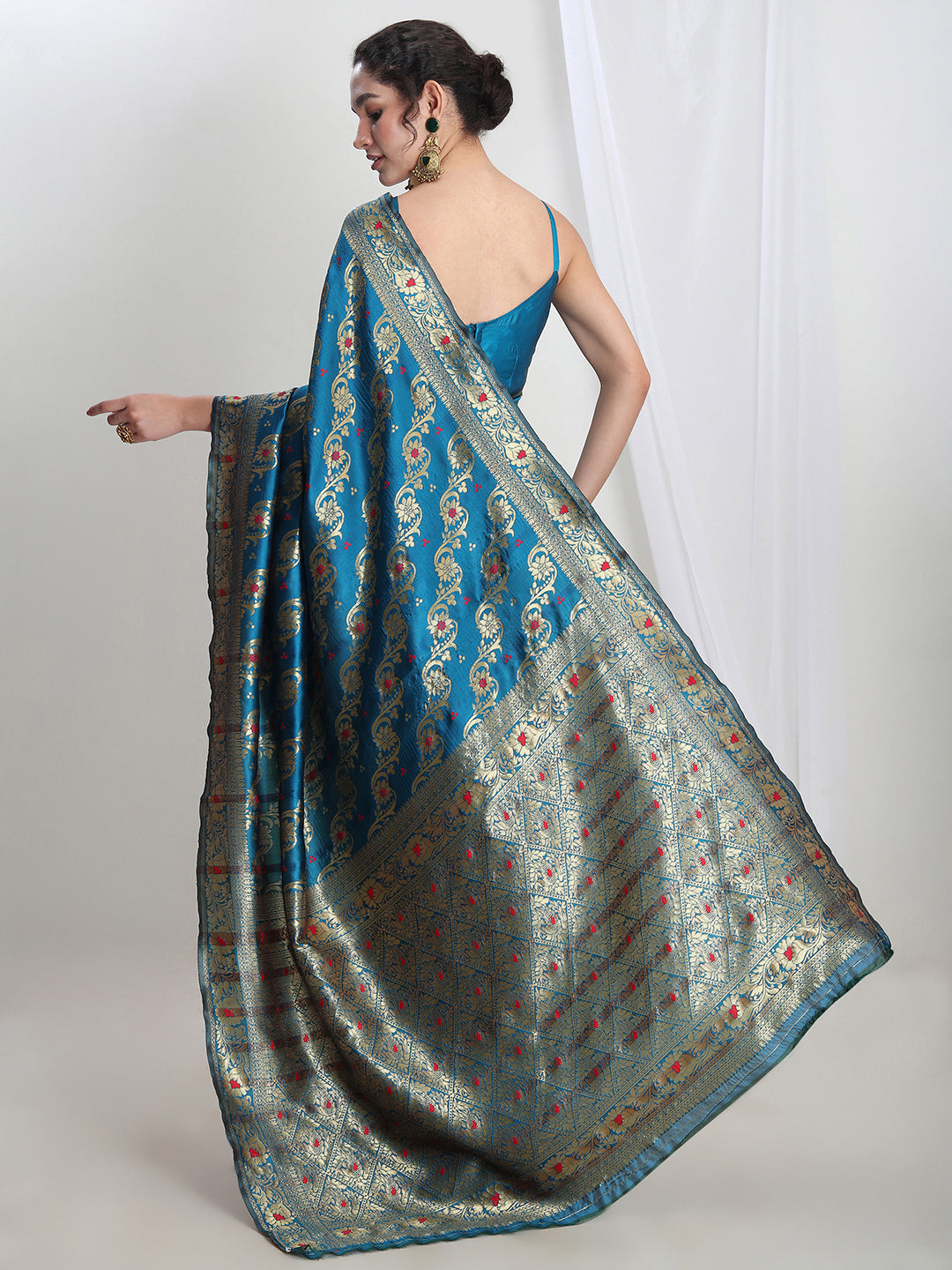 Janasya Teal Blue Silk Blend Floral Jacquard Saree