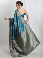 Thumbnail for Janasya Teal Blue Silk Blend Floral Jacquard Saree