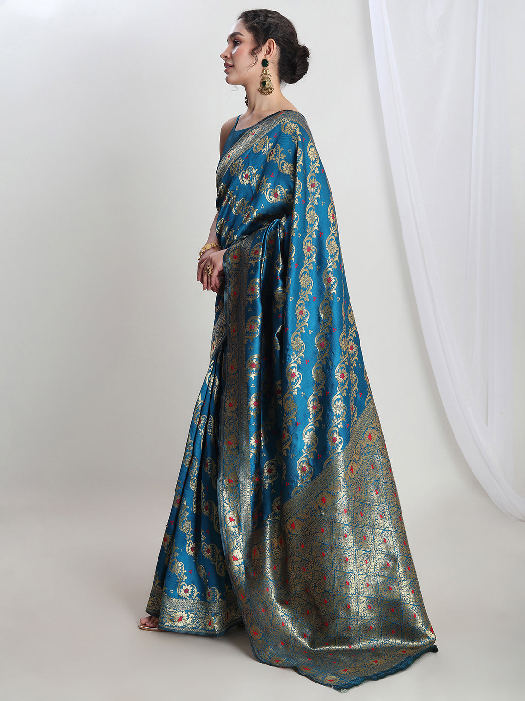 Janasya Teal Blue Silk Blend Floral Jacquard Saree