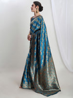 Thumbnail for Janasya Teal Blue Silk Blend Floral Jacquard Saree