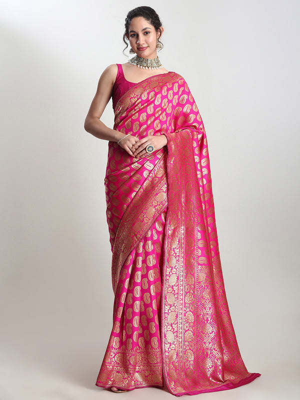 Janasya Pink Silk Blend Paisley Jacquard Saree
