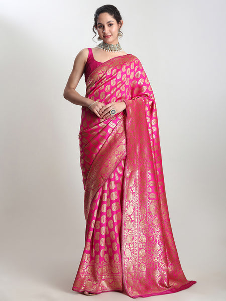 Janasya Pink Silk Blend Paisley Jacquard Saree