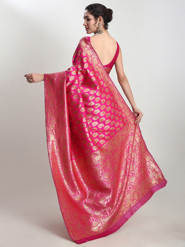 Janasya Pink Silk Blend Paisley Jacquard Saree
