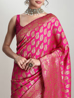 Thumbnail for Janasya Pink Silk Blend Paisley Jacquard Saree