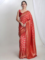 Thumbnail for Janasya Red Silk Blend Paisley Jacquard Saree