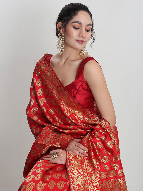 Janasya Red Silk Blend Paisley Jacquard Saree