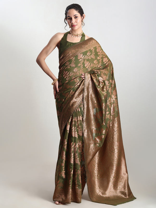 Janasya Green Silk Blend Floral Jacquard Saree