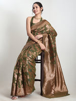 Thumbnail for Janasya Green Silk Blend Floral Jacquard Saree