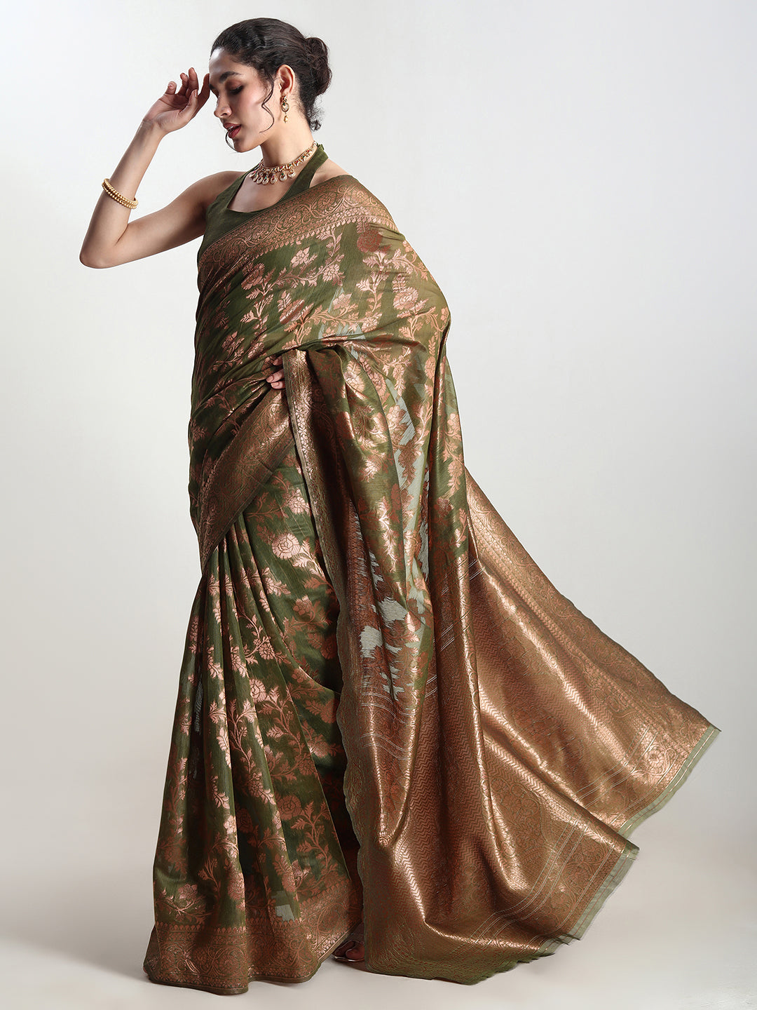 Janasya Green Silk Blend Floral Jacquard Saree