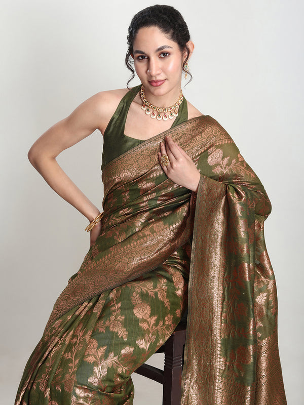 Janasya Green Silk Blend Floral Jacquard Saree
