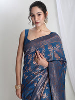 Thumbnail for Janasya Blue Silk Blend Floral Jacquard Saree