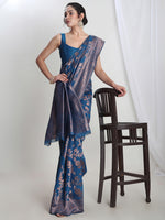 Thumbnail for Janasya Blue Silk Blend Floral Jacquard Saree