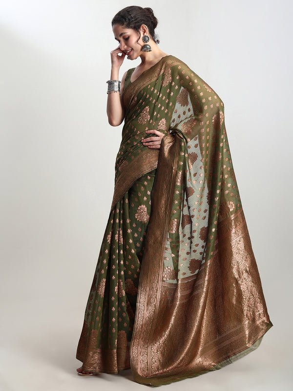 Janasya Green Silk Blend Floral Jacquard Saree