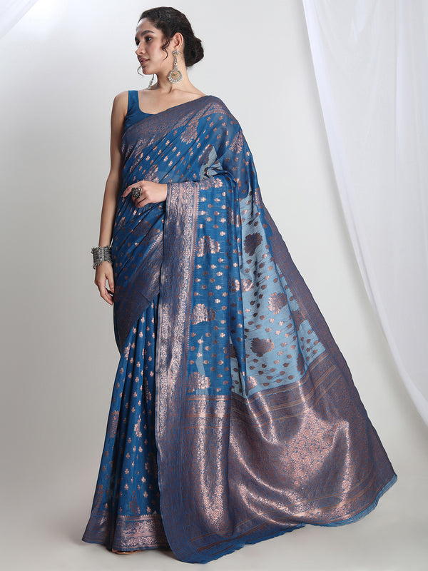 Janasya Teal Blue Silk Blend Floral Jacquard Saree